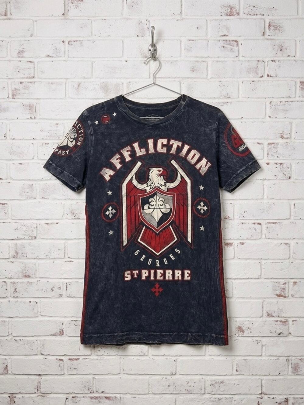 Affliction Georges St Pierre Eagle Graphic Tee Black Acid Wash Y2K Grunge XS